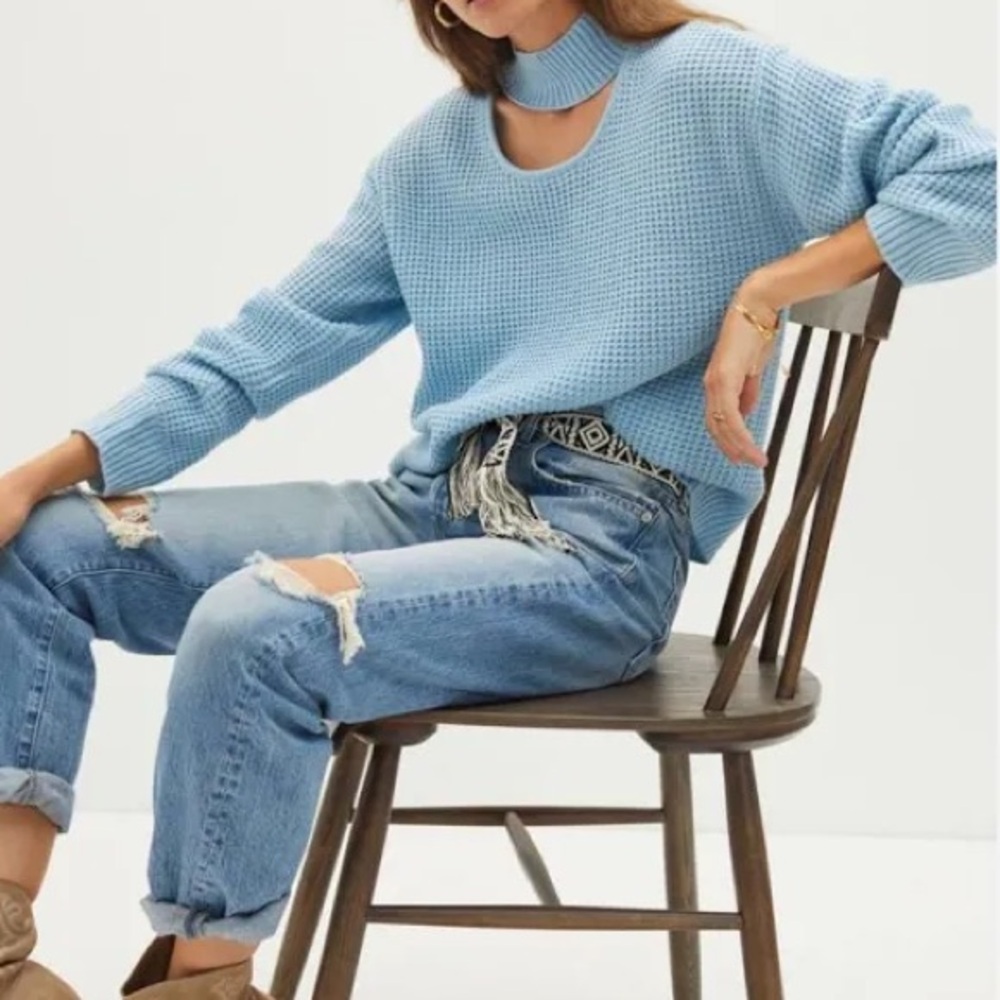 NWT Anthropologie Mock Neck Cutout Knit Sweater in Sky Blue size medium